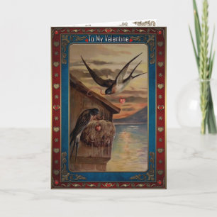 Cartes Pour Fêtes Annuelles Valentine. Avales avec le coeur sur rubans.