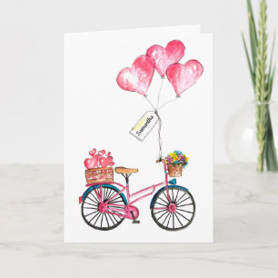 Cartes Pour Fêtes Annuelles Valentine Pink Blue Vélo Ballons Heart Love Nom