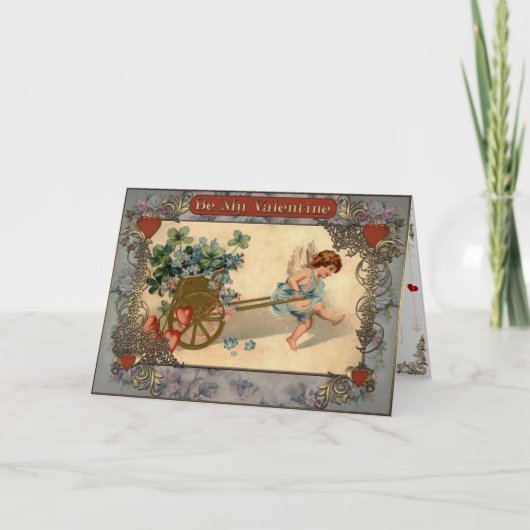 Cartes Pour Fêtes Annuelles Valentine's - Cupid porte le chariot avec des fleu (Devant)