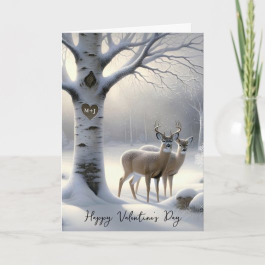 Cartes Pour Fêtes Annuelles Valentine's Day Deer with Initials on Tree Heart (Devant)