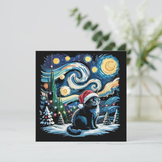 Cartes Pour Fêtes Annuelles Van Gogh Starry Nuit Festive Noël Chat Noir (Debout devant)