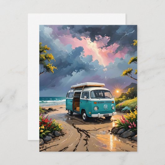 Cartes Pour Fêtes Annuelles Van Scene Sur La Plage C (Devant / Derrière)