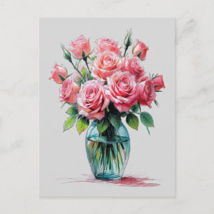 Cartes Pour Fêtes Annuelles Vase de bouquet de roses en fleurs Dessin d'art