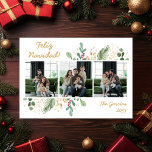 Cartes Pour Fêtes Annuelles Végétation botanique moderne Photo Feliz Navidad<br><div class="desc">Cette simple aquarelle de verdure botanique et de baies photo carte de vacances avec 3 de vos photos préférées dans le centre et les mots "Feliz Navidad" dans une police de script moderne en or au-dessus de la photo et votre nom de famille et l'année dans la même police de...</div>