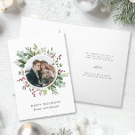 Cartes Pour Fêtes Annuelles Végétation botanique Photo de Noël<br><div class="desc">Cette photo Noël | Carte pliée de vacances avec peinte à l'aquarelle eucalyptus,  feuilles verts,  baies rouges,  branches de pin,  et une photo circulaire avec texte facultatif à l'intérieur. Pour une personnalisation plus avancée de cette conception,  cliquez sur le lien "customiser plus loin". Des articles correspondants sont également disponibles.</div>