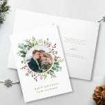 Cartes Pour Fêtes Annuelles Végétation botanique Photo Or de Noël<br><div class="desc">Cette photo Noël | Cartes pliées de vacances caractéristiques peintes d'aquarelle eucalyptus, feuilles verts, baies rouges, branches de pin, et un cadre faux cercle doré avec texte optionnel à l'intérieur. Pour une personnalisation plus avancée de cette conception, cliquez sur le lien "customiser plus loin". Des articles correspondants sont également disponibles....</div>