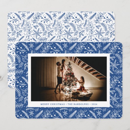 Cartes Pour Fêtes Annuelles Végétation de Noël (Bleu) Photo horizontale (Devant / Derrière)