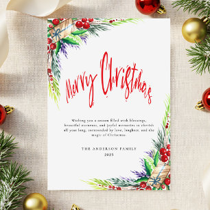 Cartes Pour Fêtes Annuelles Végétation d'hiver Foliage Rouge Script Joyeux Noë