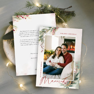 Cartes Pour Fêtes Annuelles Végétation d'hiver Rouge Vert Premier Noël Marié