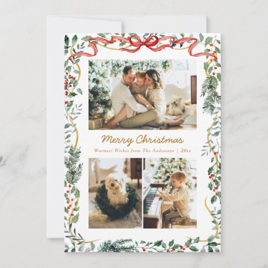 Cartes Pour Fêtes Annuelles Végétation hivernale luxuriante de Noël et Bow rou (Devant)