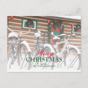 Cartes Pour Fêtes Annuelles Vélos Couverts De Neige Près Du Festive Lodge