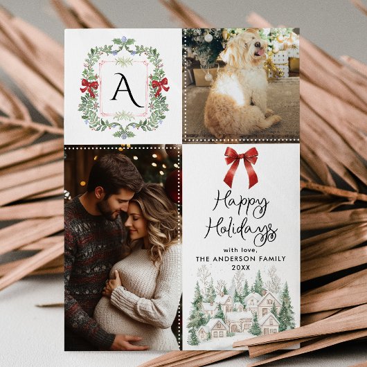 Cartes Pour Fêtes Annuelles Verdure Monogramme Crest Bow Joyeuses Vacances 2 P