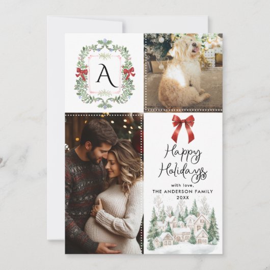 Cartes Pour Fêtes Annuelles Verdure Monogramme Crest Bow Joyeuses Vacances 2 P (Devant)