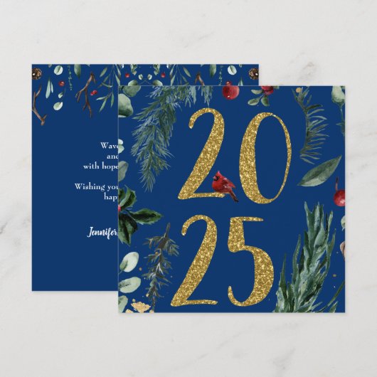 Cartes Pour Fêtes Annuelles Verdure rustique 2025 Bleu Nouvel An Vacances (Devant / Derrière)