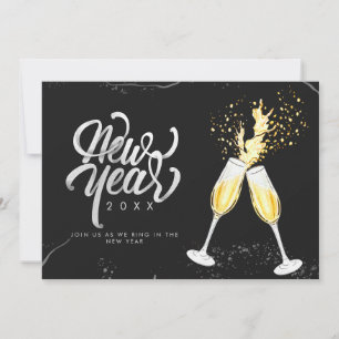 Cartes Pour Fêtes Annuelles Verre à vin noir doré champagne Confetti Moderne