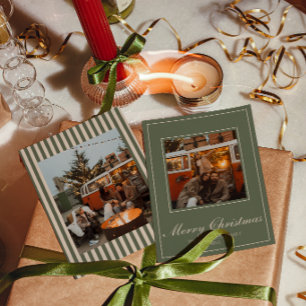 Cartes Pour Fêtes Annuelles Vert Ancien Argent Classique Rayures Noël