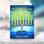 Cartes Pour Fêtes Annuelles Vert bleu Hanoukka Menorah brillant personnalisé<br><div class="desc">"Brille brillant toute la saison. Bonne Hanoukka." Une photo de fond illustrant une menorah d'art bleu turquoise, colorée et brillante vous aide à inaugurer les vacances de Hanoukka. Sentez la chaleur et la joie de la saison des Fêtes chaque fois que vous envoyez cette carte de voeux Hanoukka étonnante et...</div>