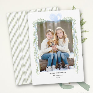 Cartes Pour Fêtes Annuelles Vert Bleu Main Dessinée Arc Feuillage Photo Noël