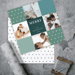 Cartes Pour Fêtes Annuelles Vert Blue Carreaux 4 Photo Croix Joyeux Noël