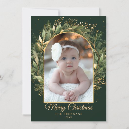 Cartes Pour Fêtes Annuelles Vert Élégant Noël 1 Photo Botanique Moderne (Devant)