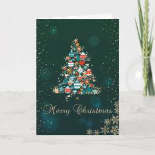 Cartes Pour Fêtes Annuelles Vert élégant, sapin de Noël coloré, flocons de nei