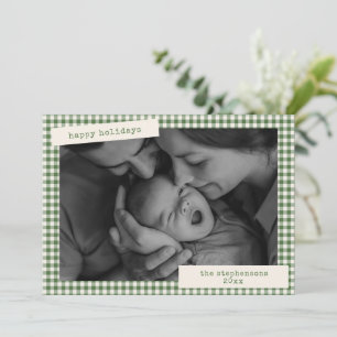 Cartes Pour Fêtes Annuelles Vert Gingham Carreaux Famille Nouveau-Né Photo Noë