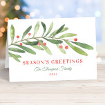 Cartes Pour Fêtes Annuelles Vert Joyeuses Fêtes Vert Rouge Végétation hivernal<br><div class="desc">Cette élégante carte de vacances de Noël "Bonnes Fêtes" dispose d'une branche d'hiver verte moderne et minimale aux accents de baies rouges. Le texte élégant peut être entièrement personnalisé avec votre choix de salutation,  nom de famille,  année,  et un message personnalisé à l'intérieur de la carte.</div>