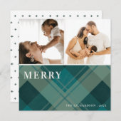 Cartes Pour Fêtes Annuelles Vert moderne bleu Plaid 2 Photo Joyeux Noël (Devant / Derrière)