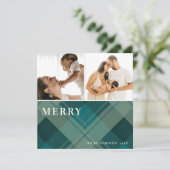 Cartes Pour Fêtes Annuelles Vert moderne bleu Plaid 2 Photo Joyeux Noël (Debout devant)