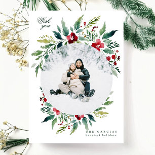 Cartes Pour Fêtes Annuelles vert moderne grande couronne une photo joyeux noël