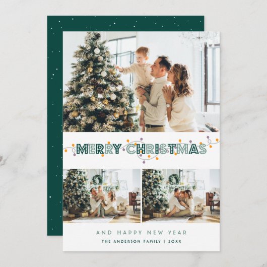 Cartes Pour Fêtes Annuelles Vert Noël Lumières Neige 3 Photo Collage (Devant / Derrière)