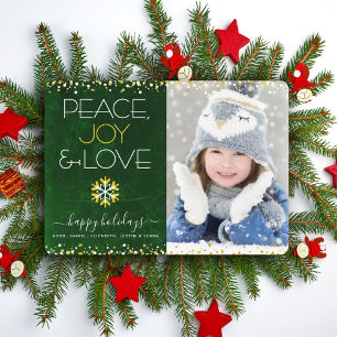 Cartes Pour Fêtes Annuelles Vert Photo Paix Joie Amour Flocon de Neige Or Mode