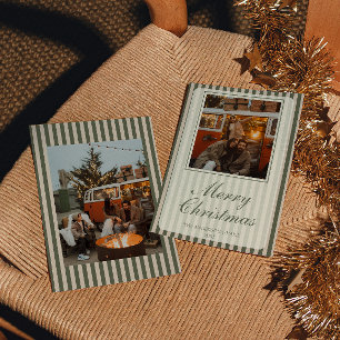 Cartes Pour Fêtes Annuelles Vert Rétro Crème Ancienne Argent Rayures Noël