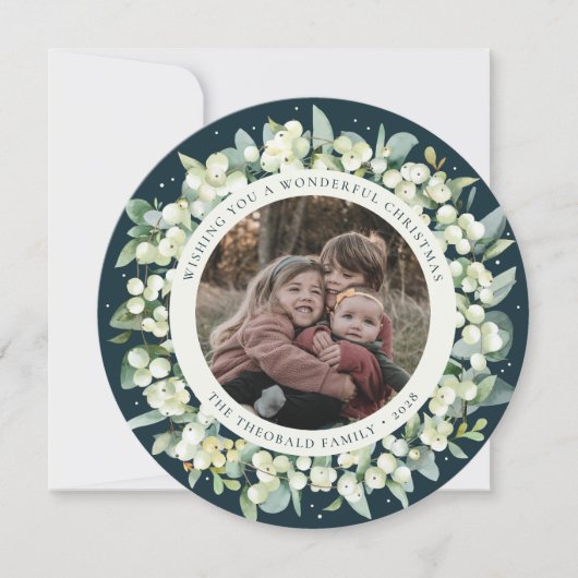 Cartes Pour Fêtes Annuelles Vert Rond/Carré Snowberry+Eucalyptus Photo (Devant)
