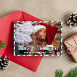 Cartes Pour Fêtes Annuelles Vert Rouge Bleu Rétro Joyeux Woofmas Chien Noël<br><div class="desc">Thème de chien Joyeux carte photo de Noël avec des rayures en rouge et blanc et différentes nuances de vert et bleu avec Merry Woofmas écrit sur une photo de votre chien dans une police rétro super en rouge,  bleu et vert.</div>