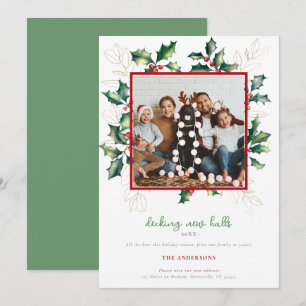 Cartes Pour Fêtes Annuelles Vert Rouge Or Noël Houx Nouvelle Adresse Photo