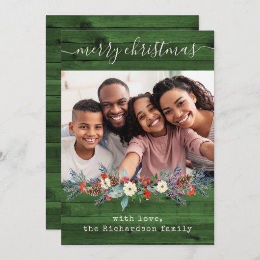 Cartes Pour Fêtes Annuelles Vert rustique verdure de Noël | Photo et script (Devant / Derrière)