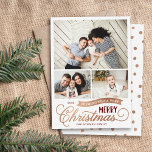 Cartes Pour Fêtes Annuelles Very Merry Christmas Script 3 photo<br><div class="desc">Cartes photos de Noël imprimées sur mesure et abordables avec un simple modèle do-it-yourself pour la personnalisation. Ce design amusant présente une typographie fantaisiste en feuille d'or bordeaux et faux rose. Le message disait : "Je vous souhaite un très joyeux Noël". Le modèle dispose d'un espace pour 3 photos de...</div>