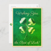 Cartes Pour Fêtes Annuelles Vibrant vert à quatre feuilles Clover Good Luck Po (Devant / Derrière)