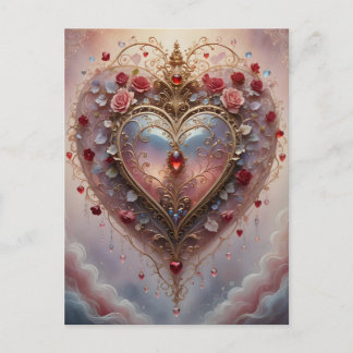 Cartes Pour Fêtes Annuelles Victorian golden heart, roses and flowers, vintage