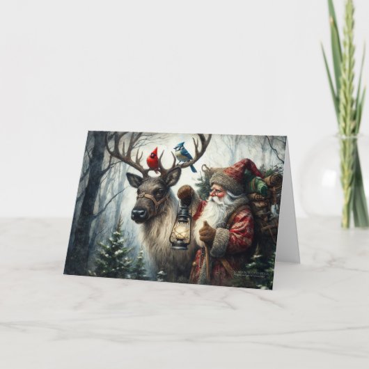 Cartes Pour Fêtes Annuelles Vieux Monde Père Noël Snowy Woodland Reindeer Bird (Devant)