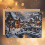 Cartes Pour Fêtes Annuelles Village de Noël couvert de neige douillette<br><div class="desc">Cette carte de vacances enchanteresse présente une aquarelle captivante d'un village enneigé, baigné par la lumière douce de la lune et des lumières scintillantes. Des ponts surplombent un ruisseau réfléchissant, ajoutant à l'atmosphère sereine et nostalgique. Avec un script "Joyeux Noël" personnalisé sur le devant et un arrière - plan solide...</div>