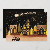 Cartes Pour Fêtes Annuelles Village de Noël doré Cerf Nuit d'hiver (Devant / Derrière)