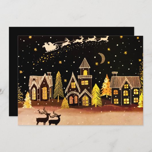 Cartes Pour Fêtes Annuelles Village de Noël doré Cerf Nuit d'hiver (Devant / Derrière)