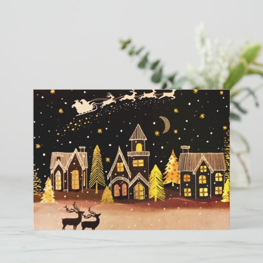 Cartes Pour Fêtes Annuelles Village de Noël doré Cerf Nuit d'hiver (Debout devant)