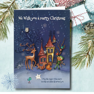 Cartes Pour Fêtes Annuelles Village de Noël enneigé magique Lutin et renne