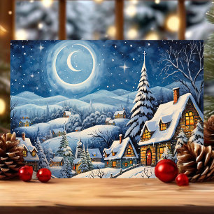 Cartes Pour Fêtes Annuelles Village de Noël enneigé sous la lumière de la lune