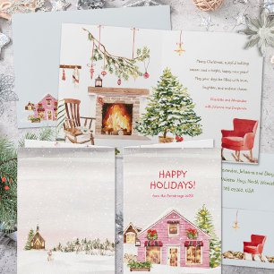Cartes Pour Fêtes Annuelles Village d'hiver rose aquarelle Noël chat cosy
