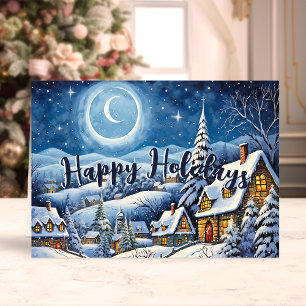 Cartes Pour Fêtes Annuelles Village enneigé sous la lune pour les fêtes de Noë
