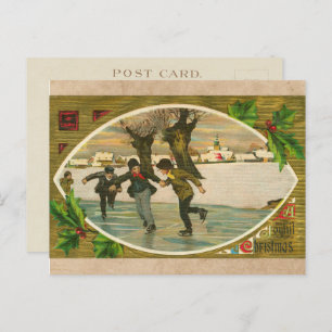Cartes Pour Fêtes Annuelles Vintage 1909 Garçons Patinage sur glace Or Noël